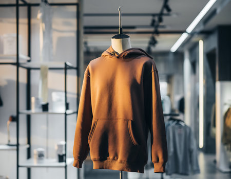 A brown hoodie is displayed on a mannequin in a modern clothing store, showcasing its design and style in a retail setting.の素材