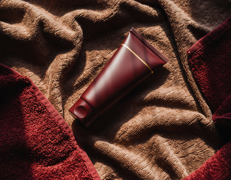 A sleek cosmetic tube rests on a plush fur fabric, creating a luxurious and inviting beauty still life. Perfect for showcasing skincare or beauty products.の素材