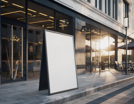 A blank A-frame sign stands outside a modern building, ready for customization with your message or branding. Perfect for restaurants, shops, and events.の素材