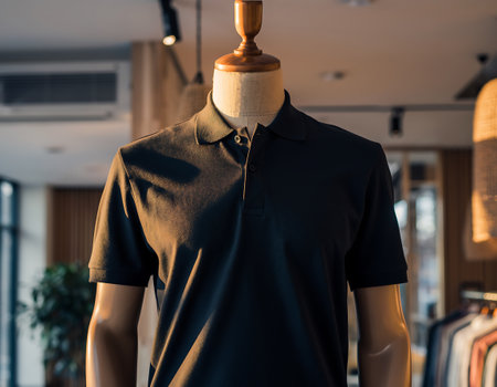 A dark polo shirt is displayed on a mannequin in a clothing store, showcasing its design and fit in a retail setting.の素材