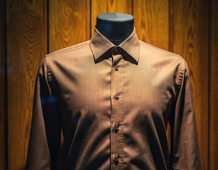 A brown dress shirt is elegantly displayed on a mannequin, set against a backdrop of warm, textured wood panels, highlighting its classic design.の素材