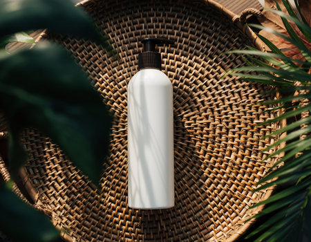 A minimalist white bottle with a pump dispenser sits on a woven tray, framed by vibrant green leaves, creating a natural and serene aesthetic.の素材