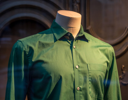 A close-up shot of a green, long-sleeved shirt displayed on a mannequin in a museum exhibit, showcasing fashion and design.の素材