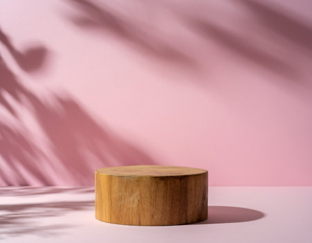 A wooden podium stands against a pink backdrop with leaf shadows, ideal for product displays and minimalist designs.の素材