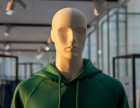 A mannequin wearing a green hoodie stands in a retail setting, illuminated by overhead lighting, creating a stark contrast between light and shadow.の素材