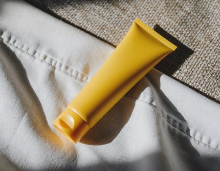 A bright yellow tube of sunscreen rests on a white fabric surface, highlighting the importance of sun protection for healthy skin.の素材