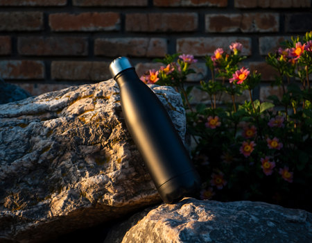 A sleek, black water bottle rests on sun-drenched rocks, set against a backdrop of brick and vibrant flowers, capturing a moment of outdoor tranquility.の素材