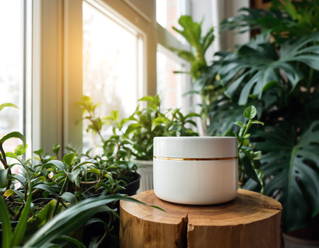 A white jar of skincare product is displayed on a wooden stand, surrounded by lush green plants, creating a natural and calming atmosphere.の素材