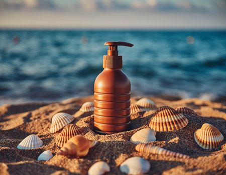 A bottle of sunscreen surrounded by seashells on a sandy beach with the ocean in the background, perfect for summer vacation and sun protection concepts.の素材