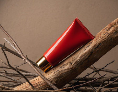 A vibrant red cosmetic tube rests on a weathered piece of wood, creating a natural and eye-catching display for beauty product promotion.の素材