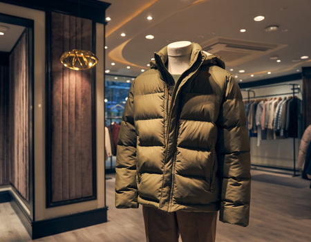 A stylish olive green puffer jacket is displayed on a mannequin in a high-end boutique, showcasing the latest in winter fashion.の素材