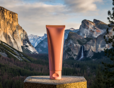 A tube of sunscreen stands against the breathtaking backdrop of Yosemite National Park, blending skincare with natural beauty.の素材