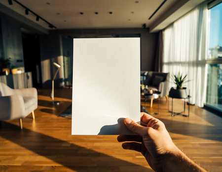 A hand holds a blank white paper in a sunlit modern living room, creating a space for creativity and imagination.の素材
