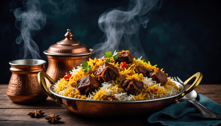 A flavorful and aromatic chicken biryani dish served in a copper bowl, steaming hot and ready to eat. A culinary delight.の素材
