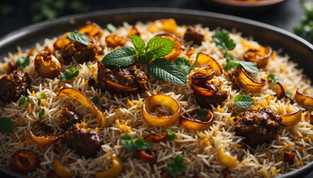 A close-up shot of chicken biryani, a popular Indian dish made with basmati rice, chicken, spices, and herbs. Garnished with fresh mint and fried onions.の素材