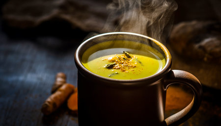 A steaming mug of golden milk, a comforting and healthy beverage, with turmeric root in the background. Perfect for relaxation and wellness.の素材