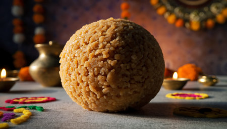 A close-up of a Besan Laddu, a popular Indian sweet, set against a festive backdrop with diyas and decorations, perfect for Diwali celebrations.の素材