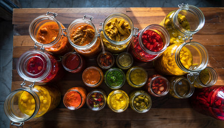 An overhead shot of various pickled vegetables in glass jars, showcasing a vibrant array of colors and textures on a rustic wooden surface.の素材