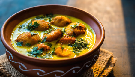 A bowl of Kadhi Pakora, a popular North Indian dish made with yogurt, gram flour, and fried fritters, garnished with fresh herbs.の素材