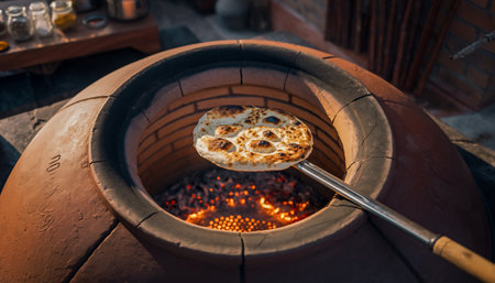 A tandoor oven with naan bread being cooked over hot coals, showcasing traditional baking techniques and the warmth of the oven.の素材
