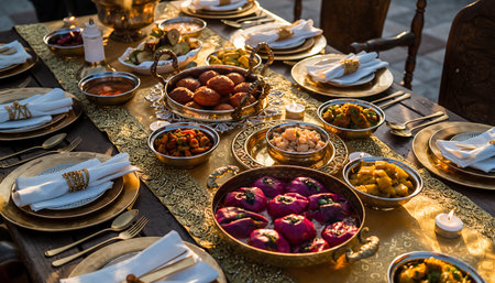 A beautifully arranged table laden with traditional Indian dishes, showcasing a rich and vibrant culinary experience for a festive occasion.の素材