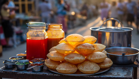 A vibrant display of Pani Puri, a beloved Indian street food, with its crispy shells and flavorful fillings, ready to be enjoyed.の素材