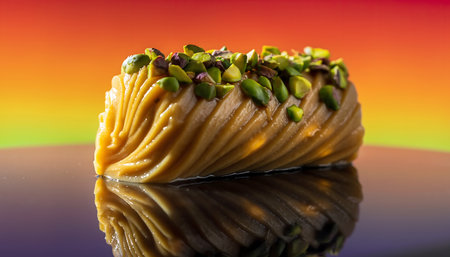 A close-up shot of a single piece of baklava, topped with pistachios, sitting on a reflective surface with a vibrant background.の素材