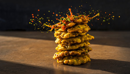A vibrant stack of golden corn fritters, garnished with fresh herbs, creates a visually appealing and appetizing food image.の素材