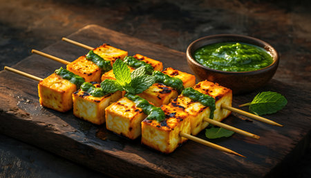 Delicious and flavorful paneer tikka skewers served with a vibrant mint chutney. A perfect appetizer or snack for any occasion. Grilled paneer cubes on wooden skewers.の素材