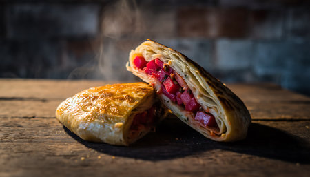 A close-up shot of a freshly baked strudel filled with sweet fruit, resting on a rustic wooden surface. Perfect for food blogs and culinary projects.の素材