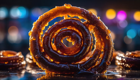 A close-up shot of a jalebi, a popular Indian sweet, showcasing its spiral shape and sugary glaze against a blurred background.の素材