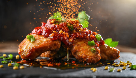 Delicious and spicy chicken wings drizzled with chili sauce and garnished with fresh herbs, creating a flavorful and visually appealing dish.の素材