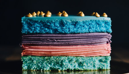 A vibrant, multi-layered cake with blue, purple, pink, and green frosting, topped with small golden decorations, set against a dark backdrop.の素材