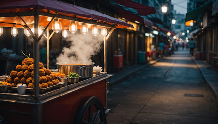 A street food vendor in Asia at night, with steam rising from a pot and lights illuminating the scene, creating a vibrant atmosphere.の素材