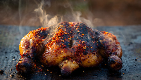A perfectly roasted chicken, seasoned with aromatic spices and herbs, steaming and ready to be enjoyed. A culinary delight for any occasion.の素材