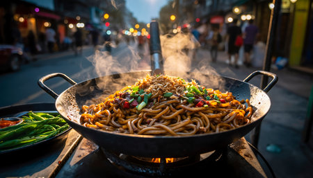 A vibrant street food scene featuring noodles being cooked in a wok, with steam rising and people in the background.の素材