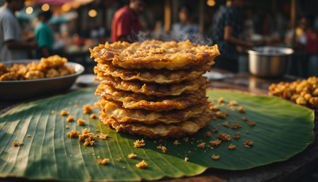 A stack of fried snacks sits on a banana leaf at a bustling market, offering a tempting glimpse into local culinary delights.の素材