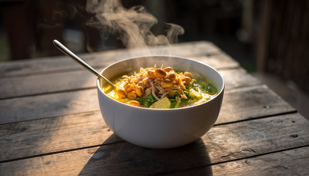 A comforting bowl of chicken noodle soup with steam rising, placed on a rustic wooden table in warm lighting.の素材