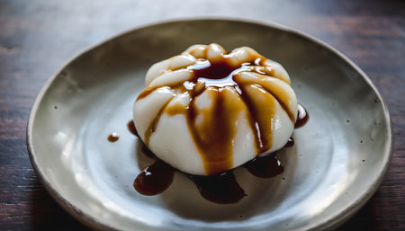 A close-up shot of a panna cotta dessert drizzled with caramel sauce, presented on a rustic plate, showcasing its creamy texture and sweet flavor.の素材