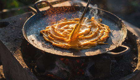 A close-up of Jalebi being fried in a wok over an open fire, showcasing the traditional street food preparation method.の素材