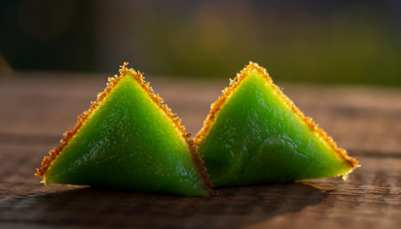 A vibrant close-up of Kueh Salat, a traditional Southeast Asian dessert featuring a glutinous rice base and a rich, pandan-flavored custard layer.の素材