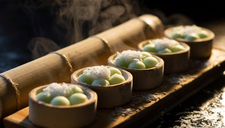 A close-up shot of steaming mochi dumplings served in small wooden bowls, arranged on a wooden board with a bamboo element, creating a warm and inviting culinary scene.の素材