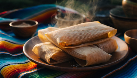 A vibrant image showcasing a stack of freshly steamed tamales, capturing the essence of traditional Mexican cuisine and cultural heritage.の素材