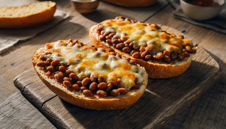 A close-up of two halves of a bread roll topped with baked beans and melted cheese, a comforting and satisfying meal.の素材