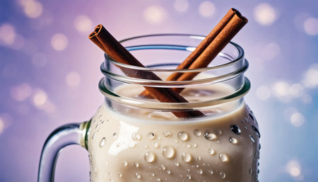 Close-up of a refreshing horchata drink served in a glass jar, garnished with cinnamon sticks, perfect for a cool and flavorful beverage.の素材