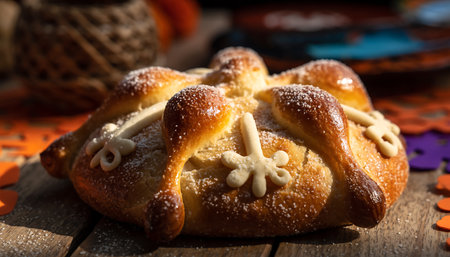 Close-up of Pan de Muerto, a traditional sweet bread baked for Day of the Dead celebrations, adorned with bone-shaped decorations and sugar.の素材