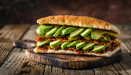 A close-up shot of a mouthwatering avocado sandwich, beautifully arranged on a rustic wooden cutting board, perfect for food photography and culinary themes.の素材