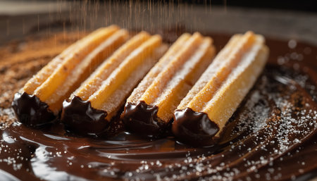 Close-up of freshly made churros dipped in rich chocolate sauce, sprinkled with powdered sugar, creating a tempting dessert.の素材