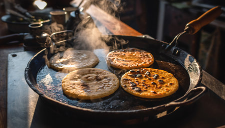 Pupusas sizzle on a hot griddle, releasing steam as they cook to golden perfection. A culinary delight in the making.の素材