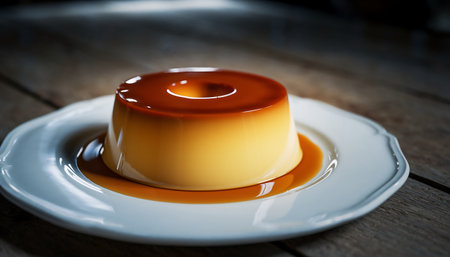 A close-up shot of a creamy flan dessert, topped with rich caramel sauce, presented on a clean white plate, perfect for food photography.の素材